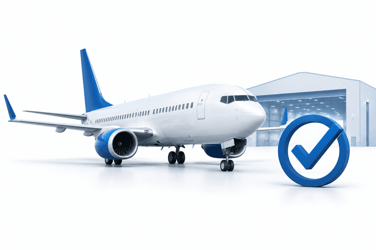 Concept illustration of a Boeing 737-10 aircraft with an approval symbol and delivery hangar.