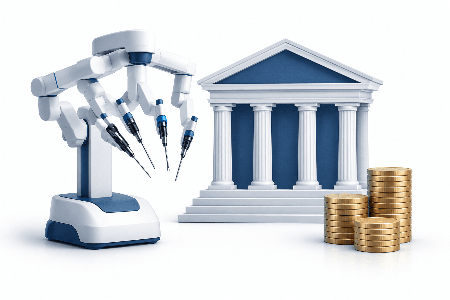 Intuitive settlement concept illustration showing a robotic surgical arm, courthouse symbol and coins.