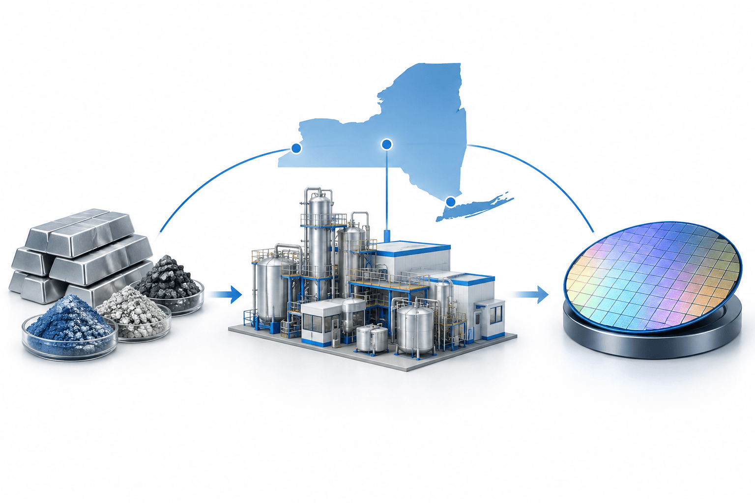 Concept illustration of Micron minerals investment connecting materials processing in New York with semiconductor manufacturing.