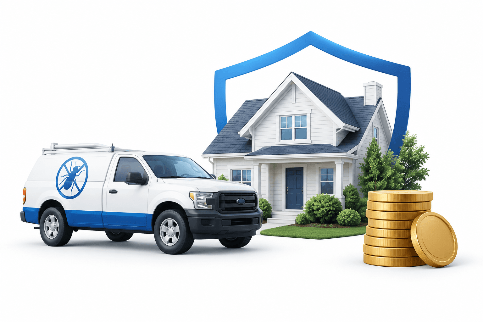 Concept illustration of the Rollins dividend with a pest-control vehicle, protected house and stacked coins.