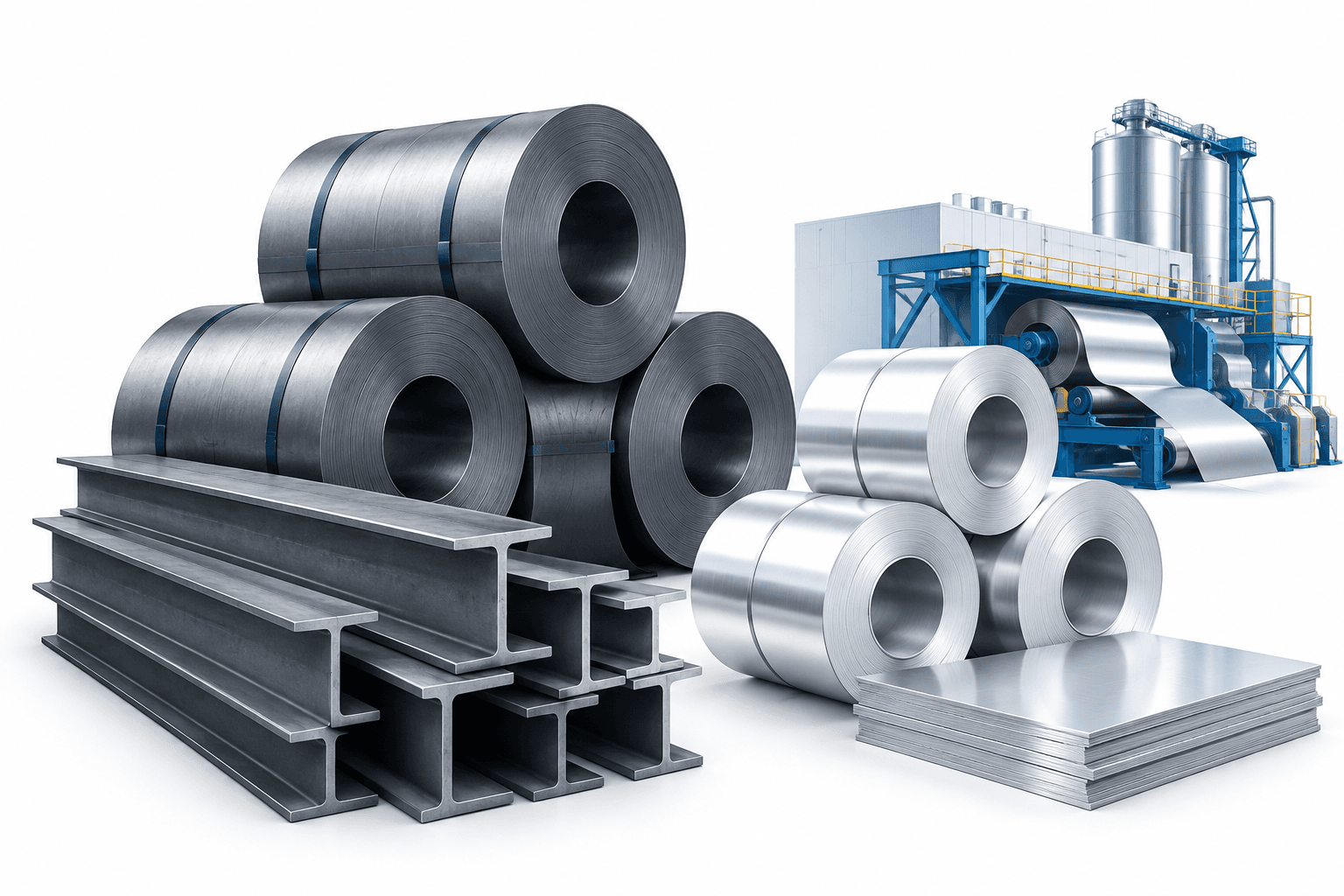Steel Dynamics earnings illustration featuring steel coils, structural beams and aluminum sheet rolls on a white background.