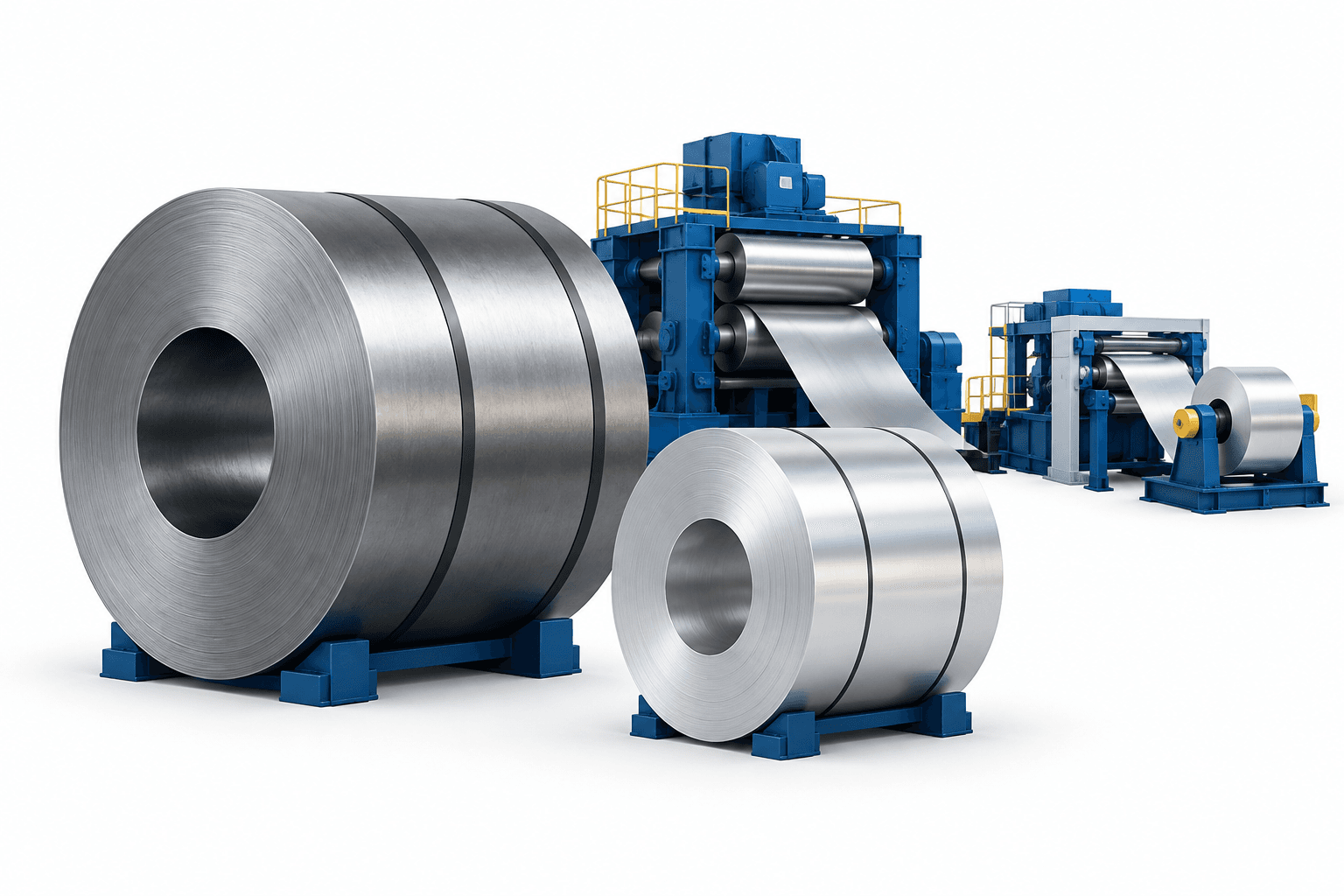 Steel and aluminum coils beside stylized rolling equipment illustrating Steel Dynamics earnings and its aluminum expansion.