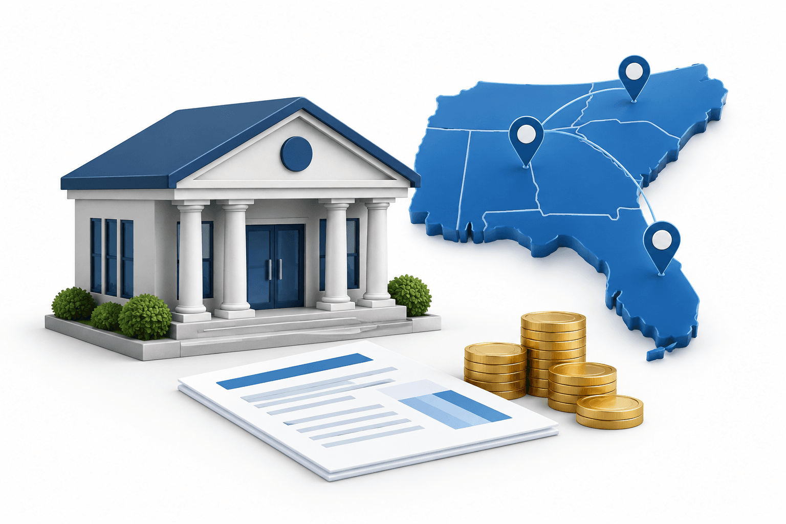 Southern First earnings illustration showing a regional bank, financial document and three connected location markers.