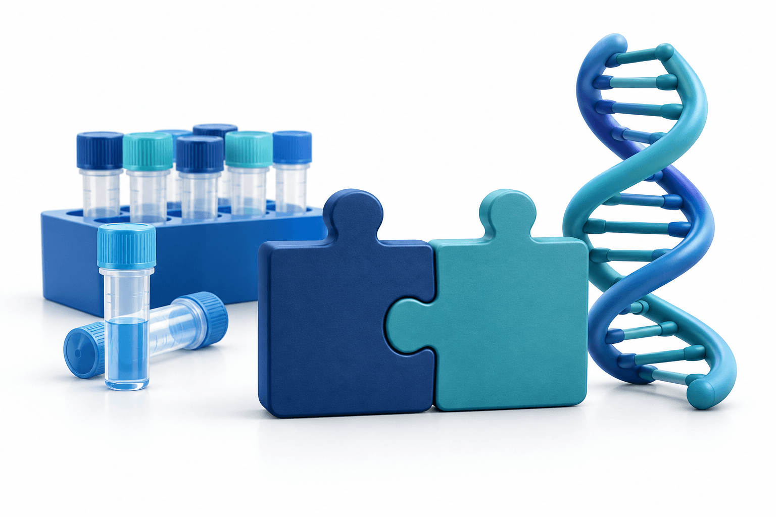 Concept illustration of the Qiagen takeover with laboratory samples, a DNA model and interlocking acquisition pieces.