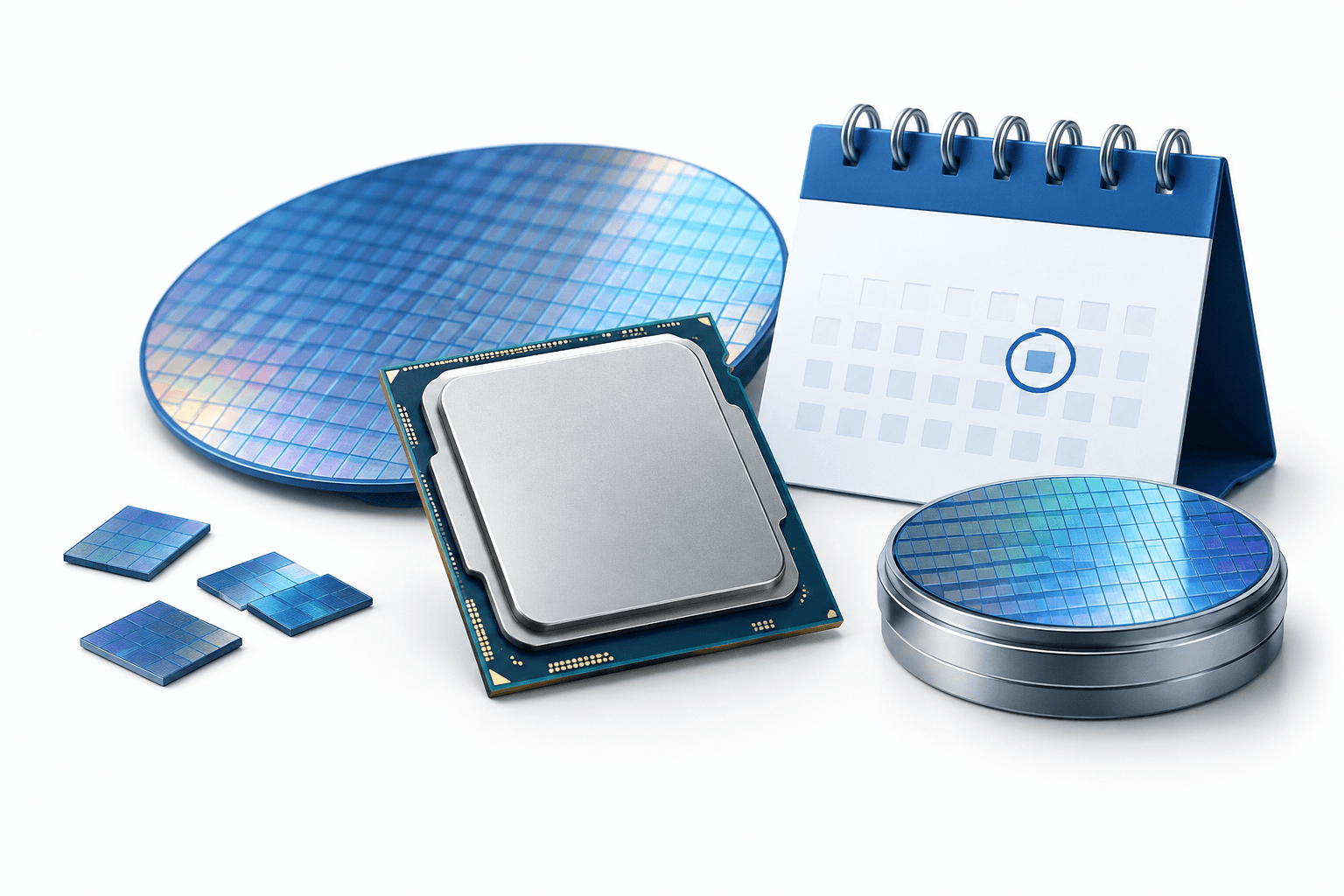 Intel stock earnings concept illustration with a semiconductor processor, calendar form and wafer components.