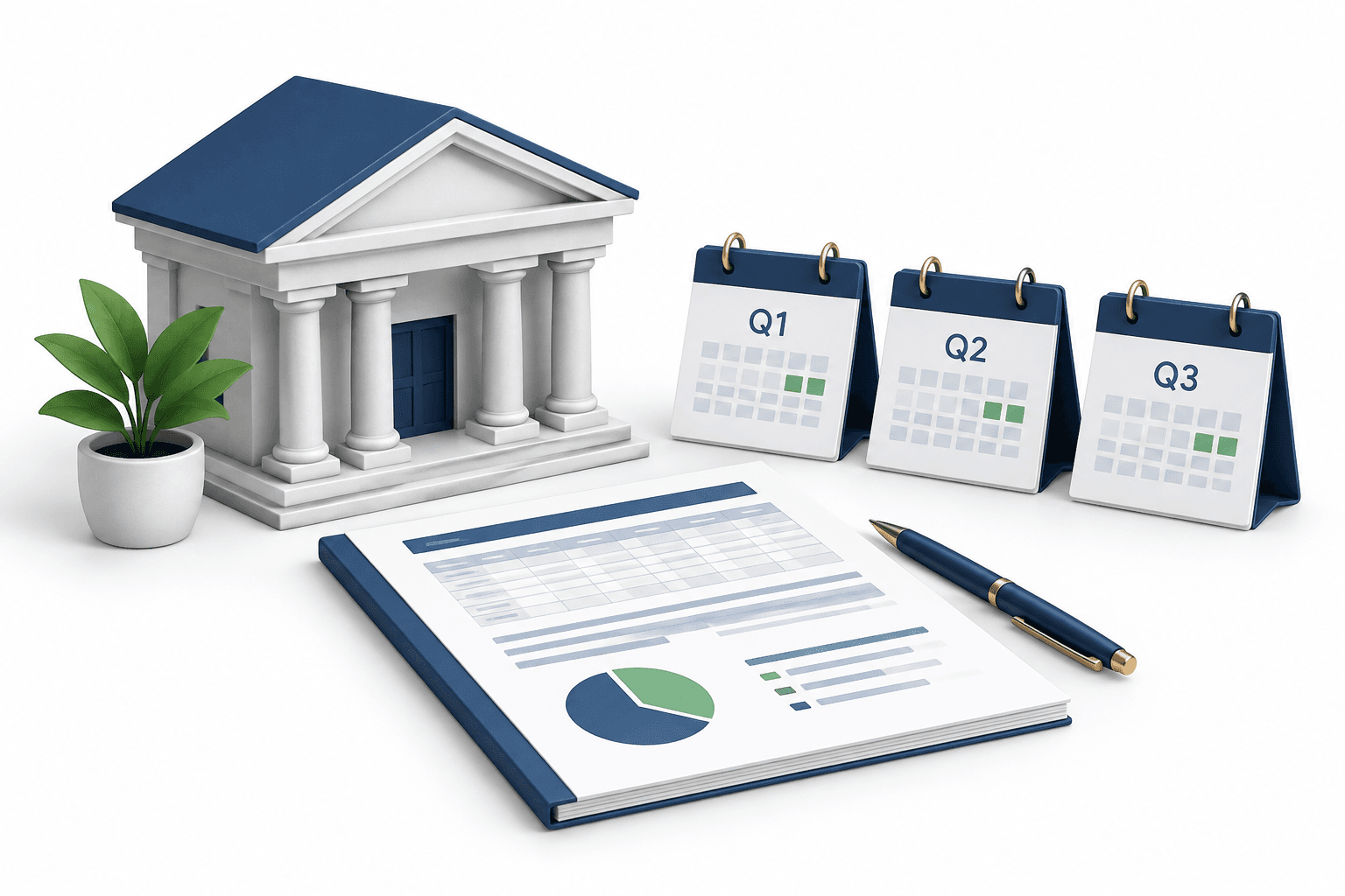 Illustration of a bank building and quarterly financial document representing Dime earnings.
