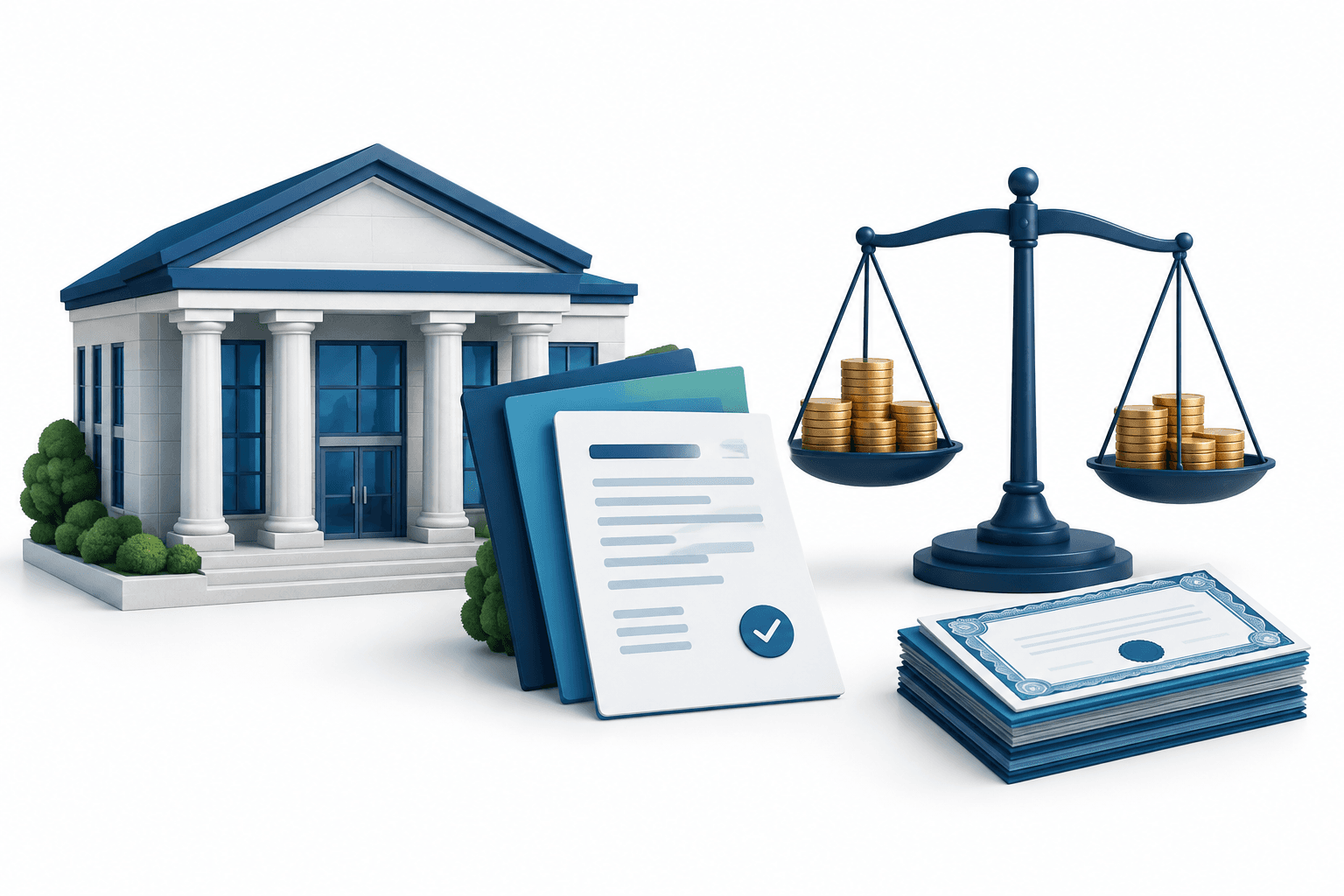 Atlantic Union earnings illustration showing a regional bank, loan documents and deposit coins on a balance scale.