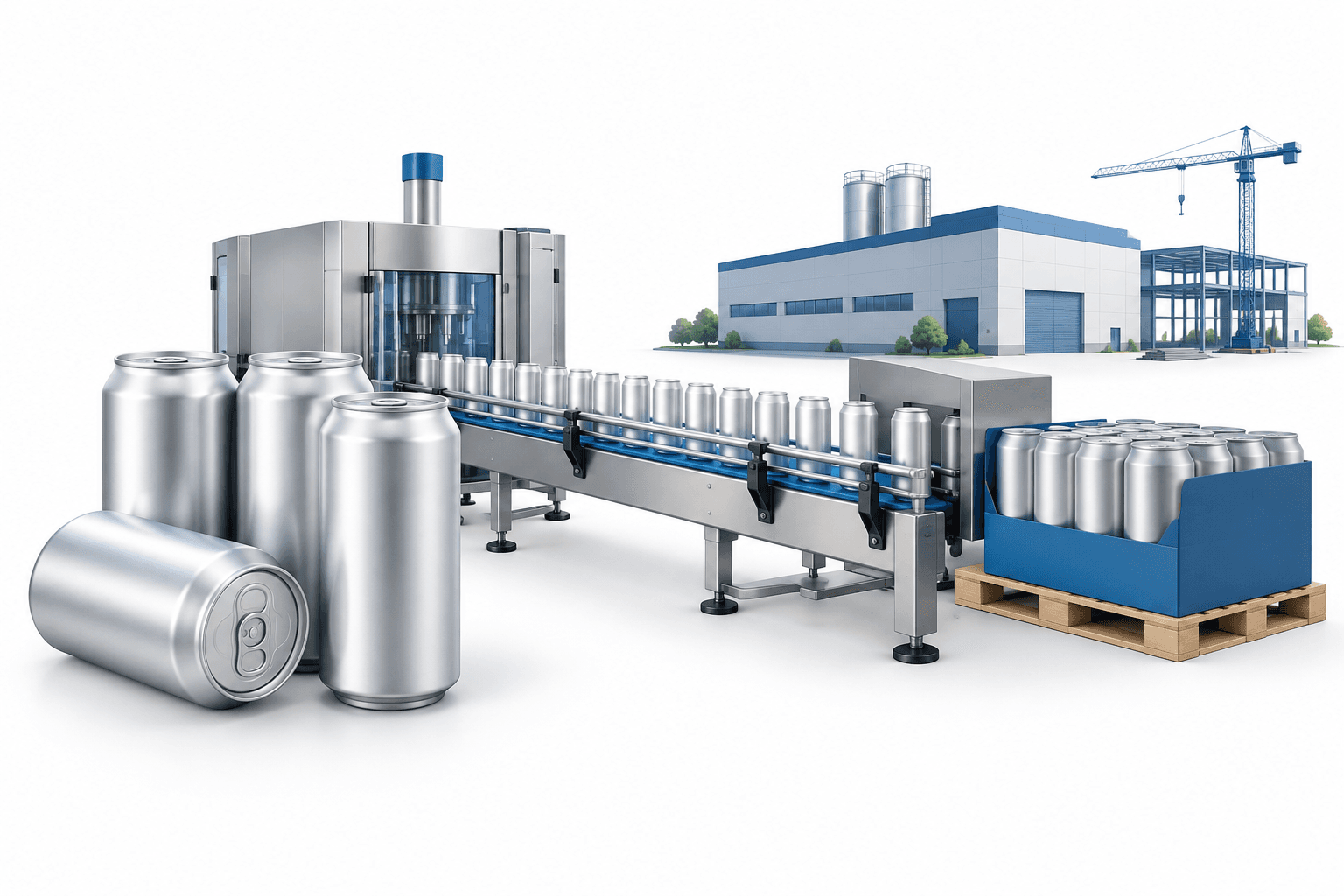 Crown earnings illustration featuring aluminum beverage cans and a simplified packaging production line.