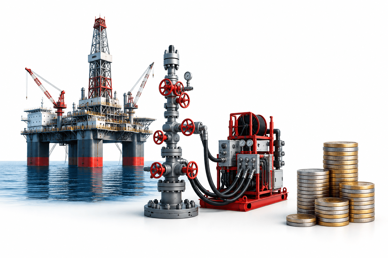Halliburton earnings concept illustration featuring oilfield-service equipment and coins on a white background.