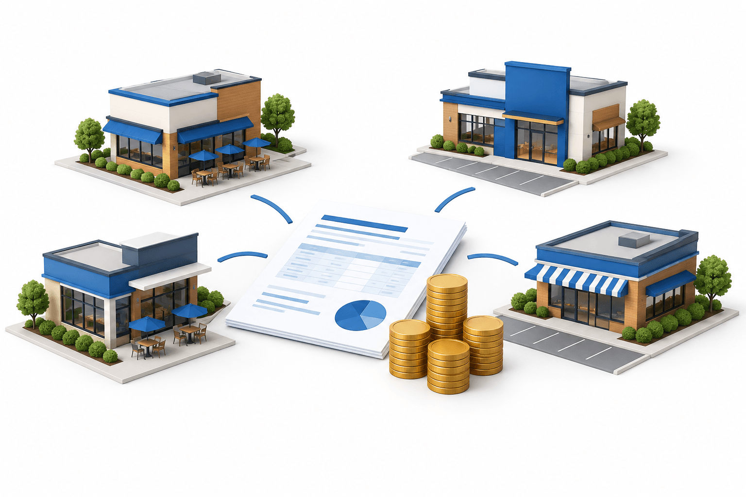 QSR earnings concept illustration showing restaurant buildings, a financial statement and coins.