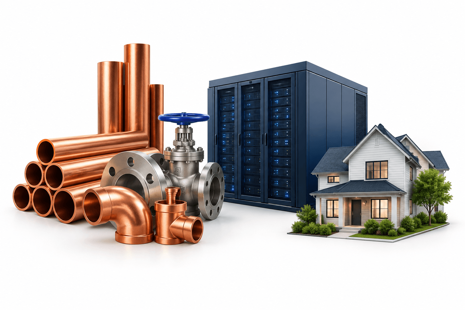 Mueller earnings concept illustration showing copper pipes, industrial components and data-center infrastructure.