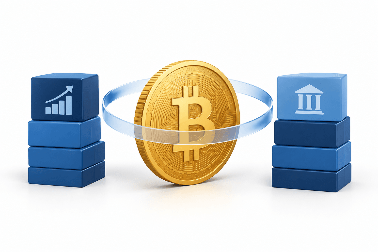 Bitcoin return outlook illustrated by a digital coin beside balanced equity and bond blocks.