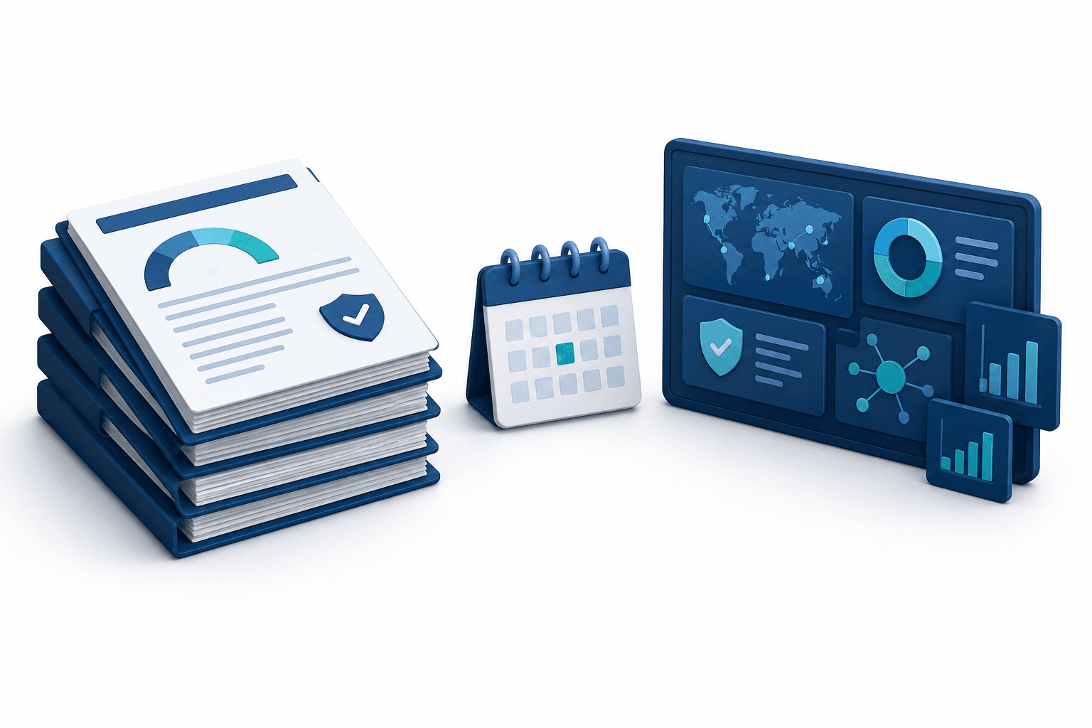 Moody's earnings illustration pairing credit assessment documents with abstract risk analytics tiles and a calendar.