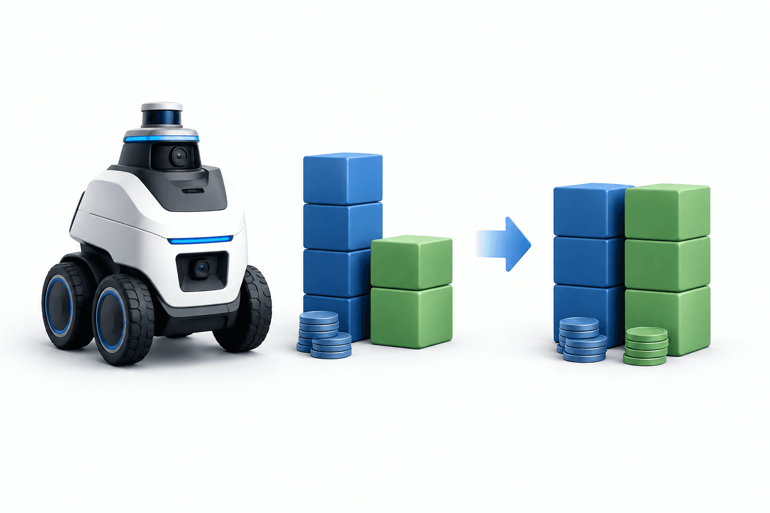 Concept illustration of a security robot and staged cash-flow balances accompanying the AITX shares story.