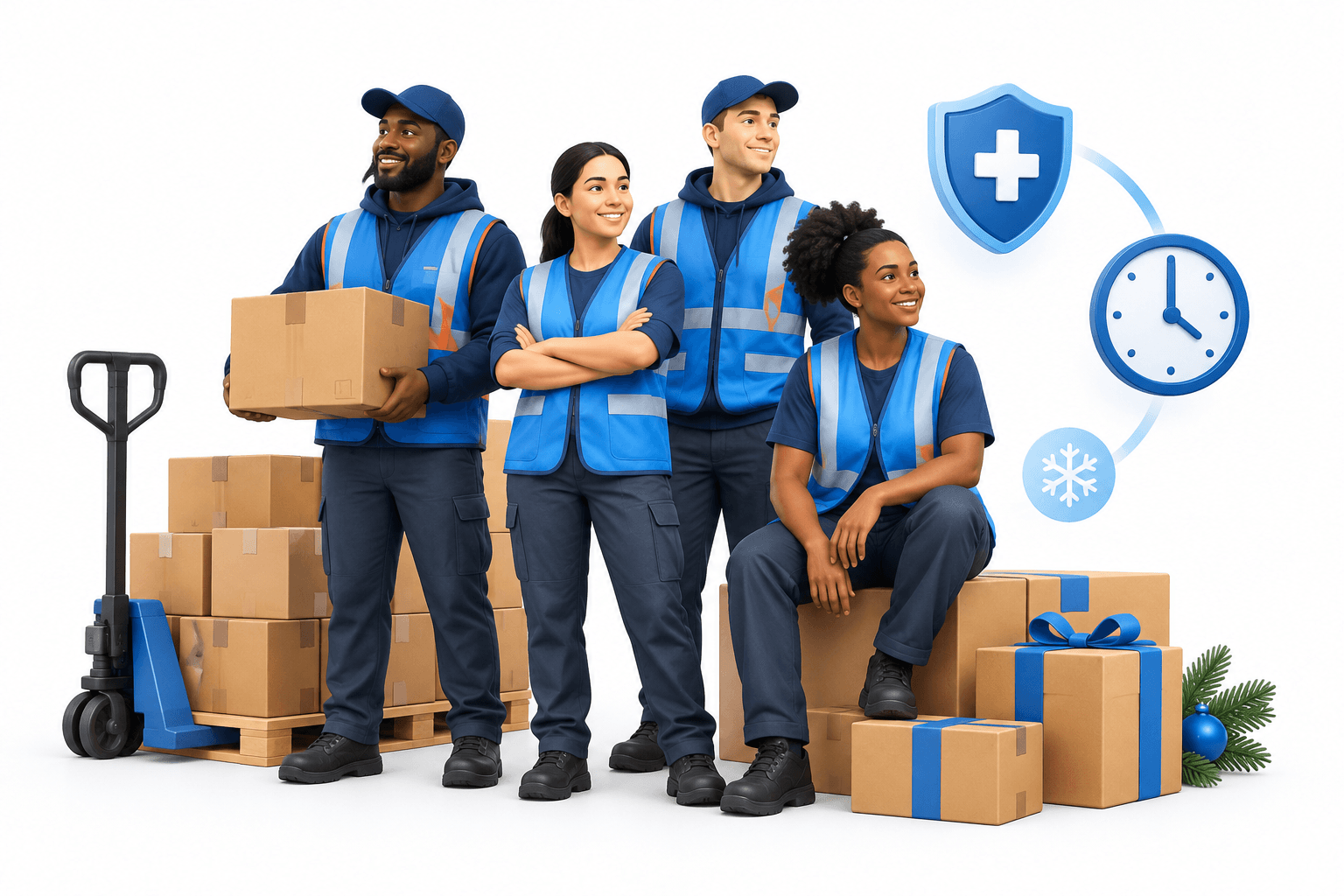 Amazon holiday hiring concept illustration showing warehouse workers, parcels and employee benefit symbols.