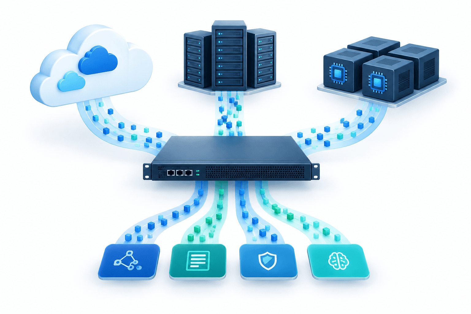Concept illustration of a Gigamon GigaSMART network appliance connecting cloud infrastructure and AI processing nodes.