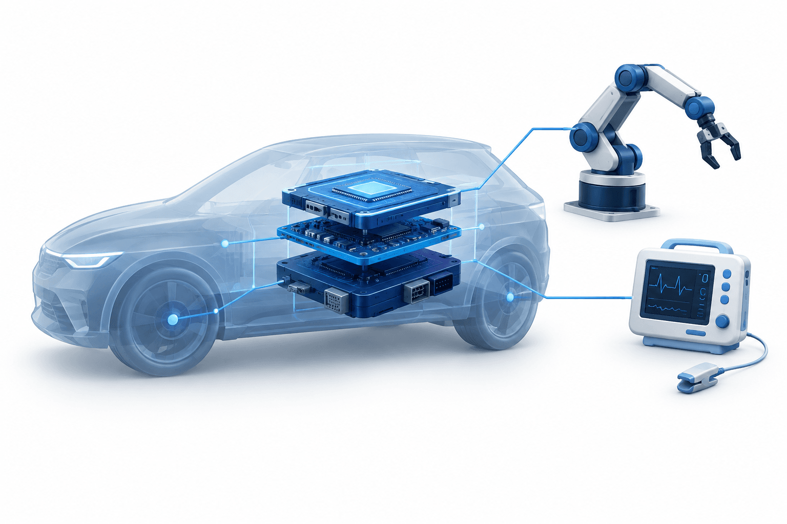 Concept illustration of automotive and industrial software systems representing QNX royalty backlog growth.