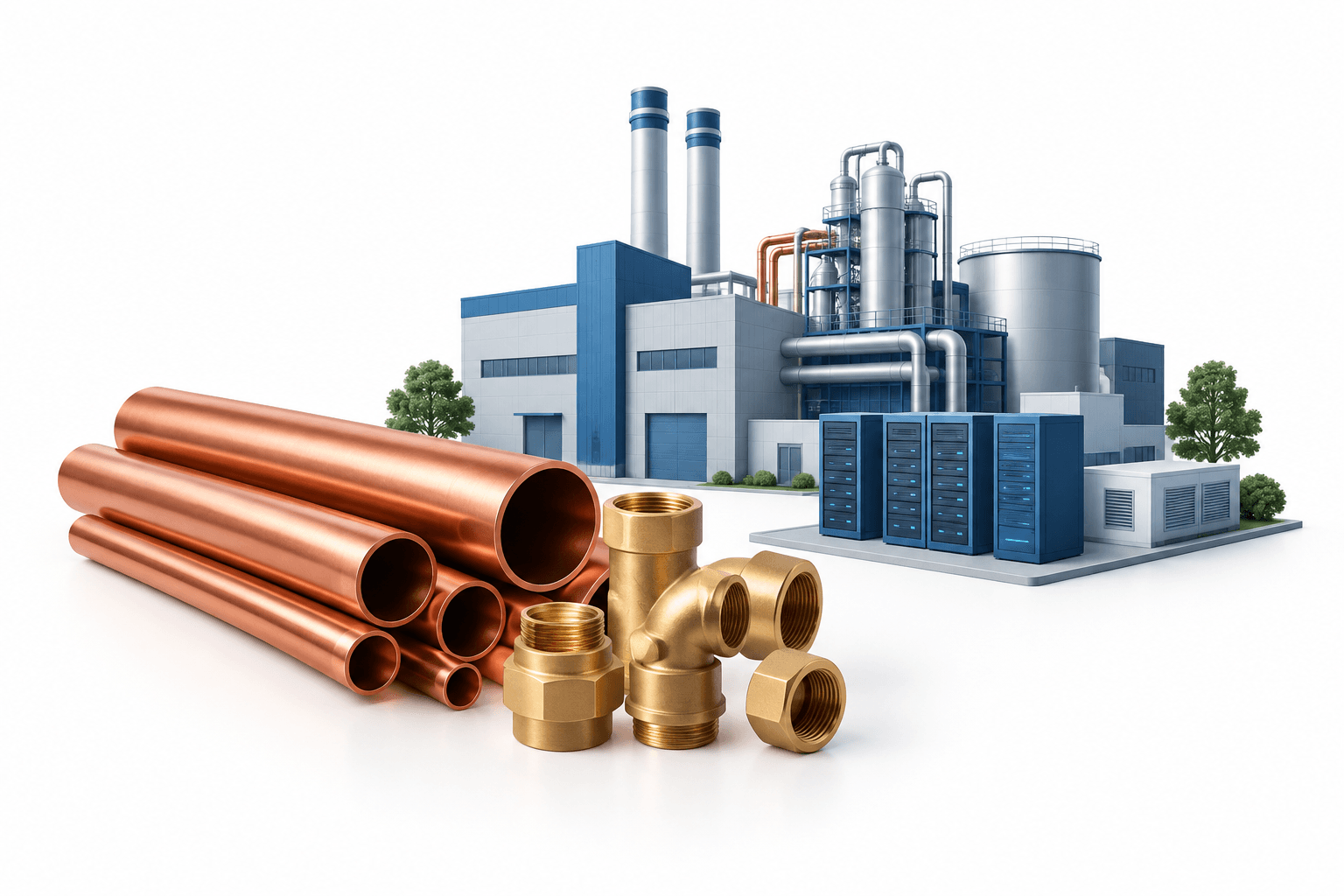 Mueller earnings illustration featuring copper pipes, brass fittings and industrial buildings.