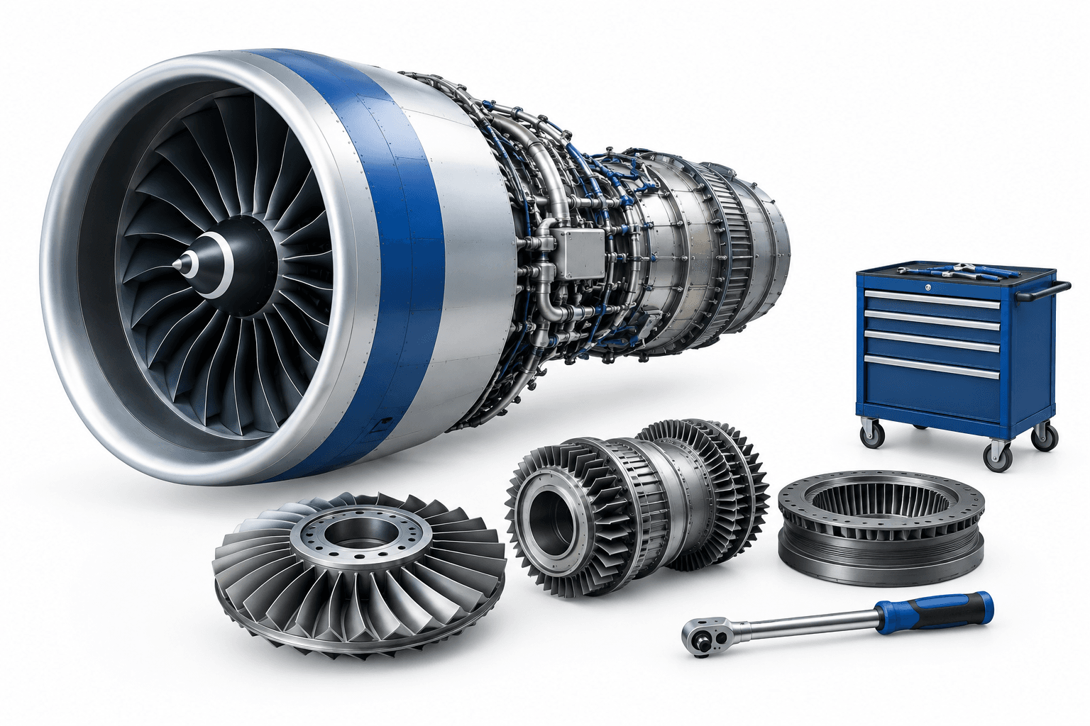 Jet engine and maintenance components illustrating GE Aerospace earnings growth.