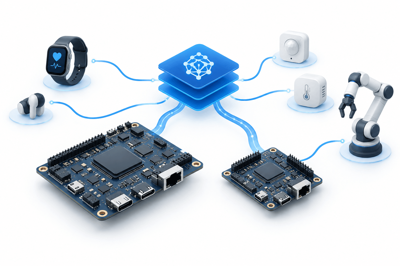 Concept illustration of Coralboard SL and a smaller edge AI board connected to wearable, smart-home and robotics applications.