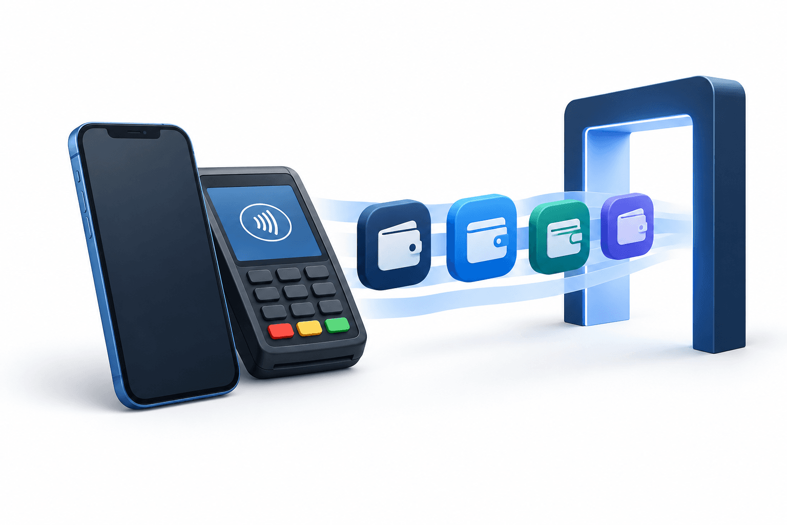 Concept illustration of Apple Pay access showing competing digital wallets approaching a smartphone and contactless terminal.