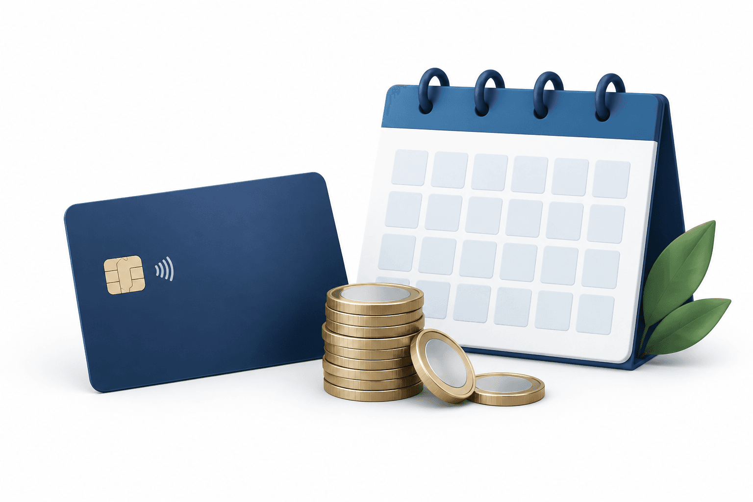 Synchrony dividend concept illustration with an unbranded credit card, coins and a blank calendar.