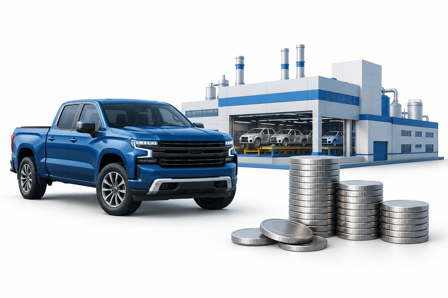 GM earnings concept illustration featuring an unbranded pickup, automotive factory and coins on a white background.