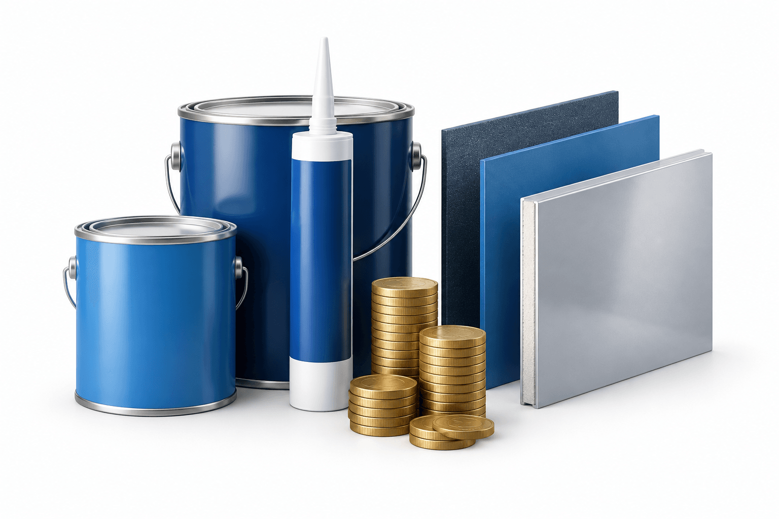 RPM dividend illustration featuring coating products, a sealant cartridge and stacked coins on a white background.