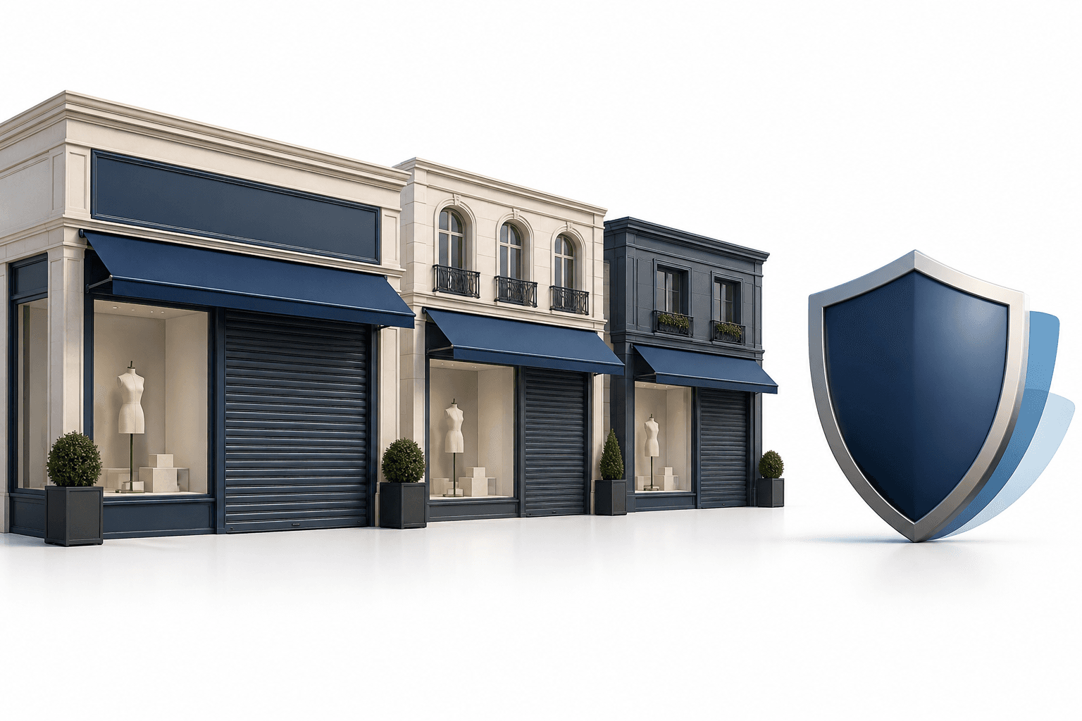 Concept illustration of Milan shop closures with shuttered fashion storefronts and a protective shield.