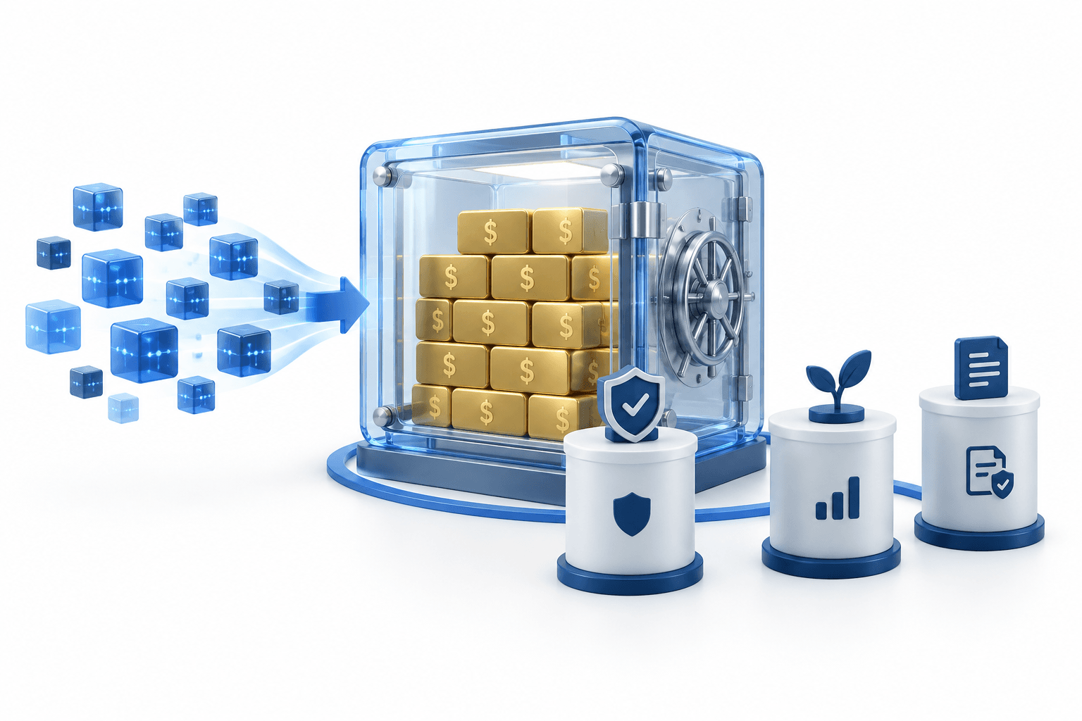 Concept illustration of Cover Re capital moving from digital funding into protected reinsurance reserves.