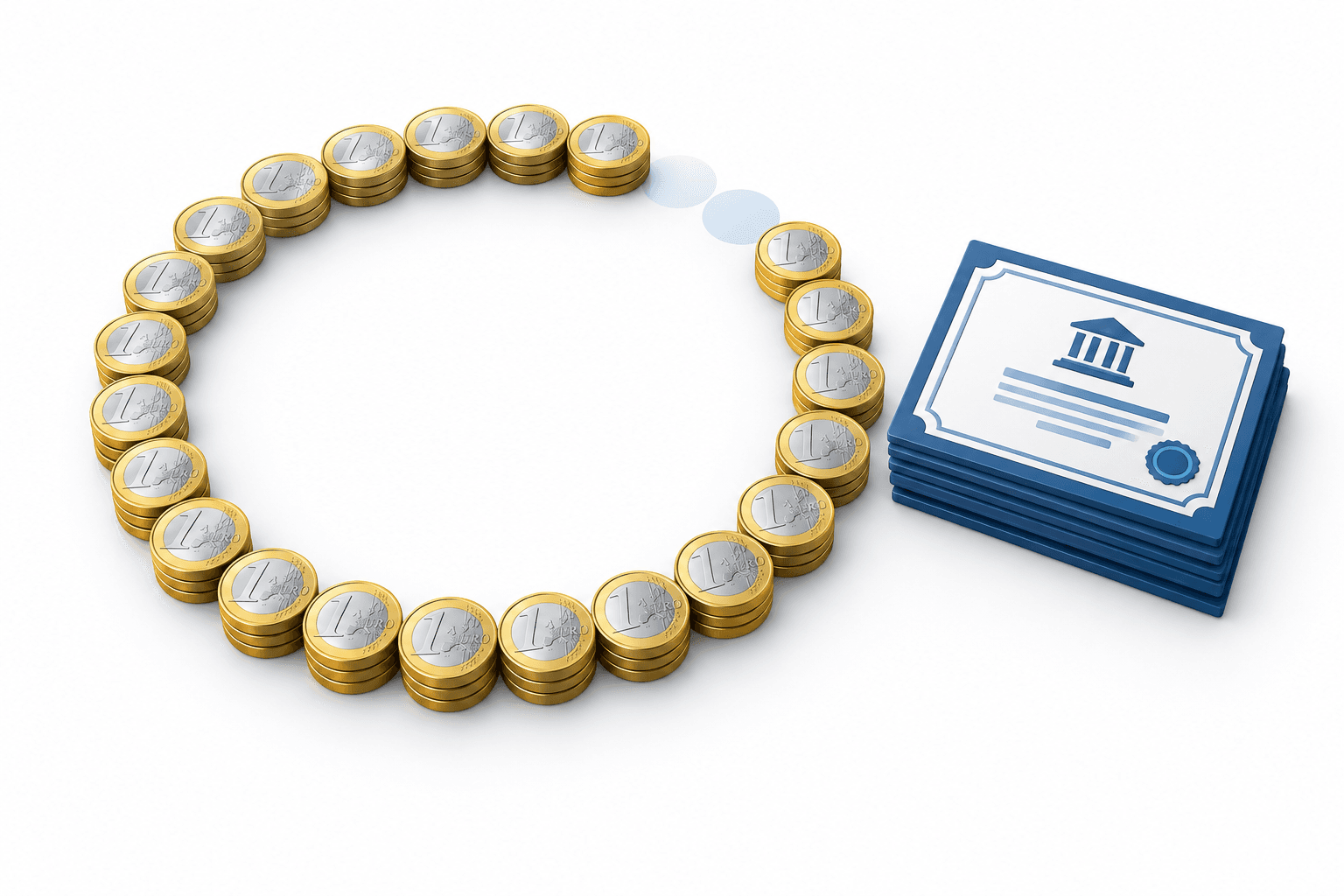 Concept illustration of the ING share buyback nearing its spending limit, represented by euro coins and abstract share certificates.