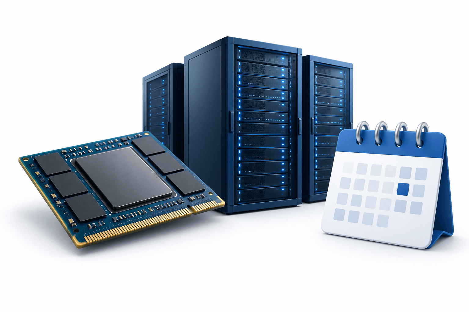 Chip stocks illustration showing a memory chip, data-center servers and an unmarked earnings calendar.