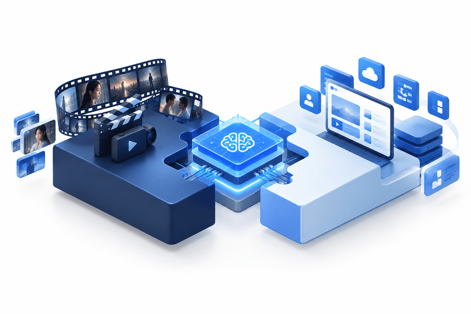 Concept illustration of the NetDragon AI venture combining AI software modules with short-drama production elements.