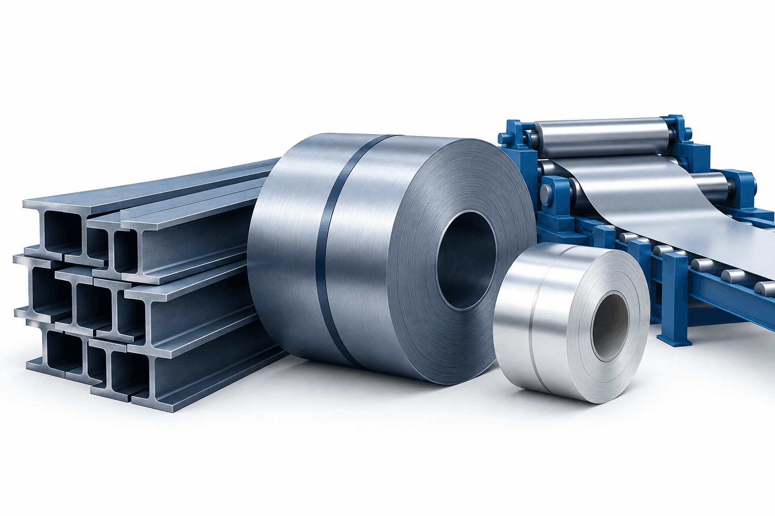 Steel Dynamics results illustration featuring steel beams, metal coils and simplified aluminum mill rollers.