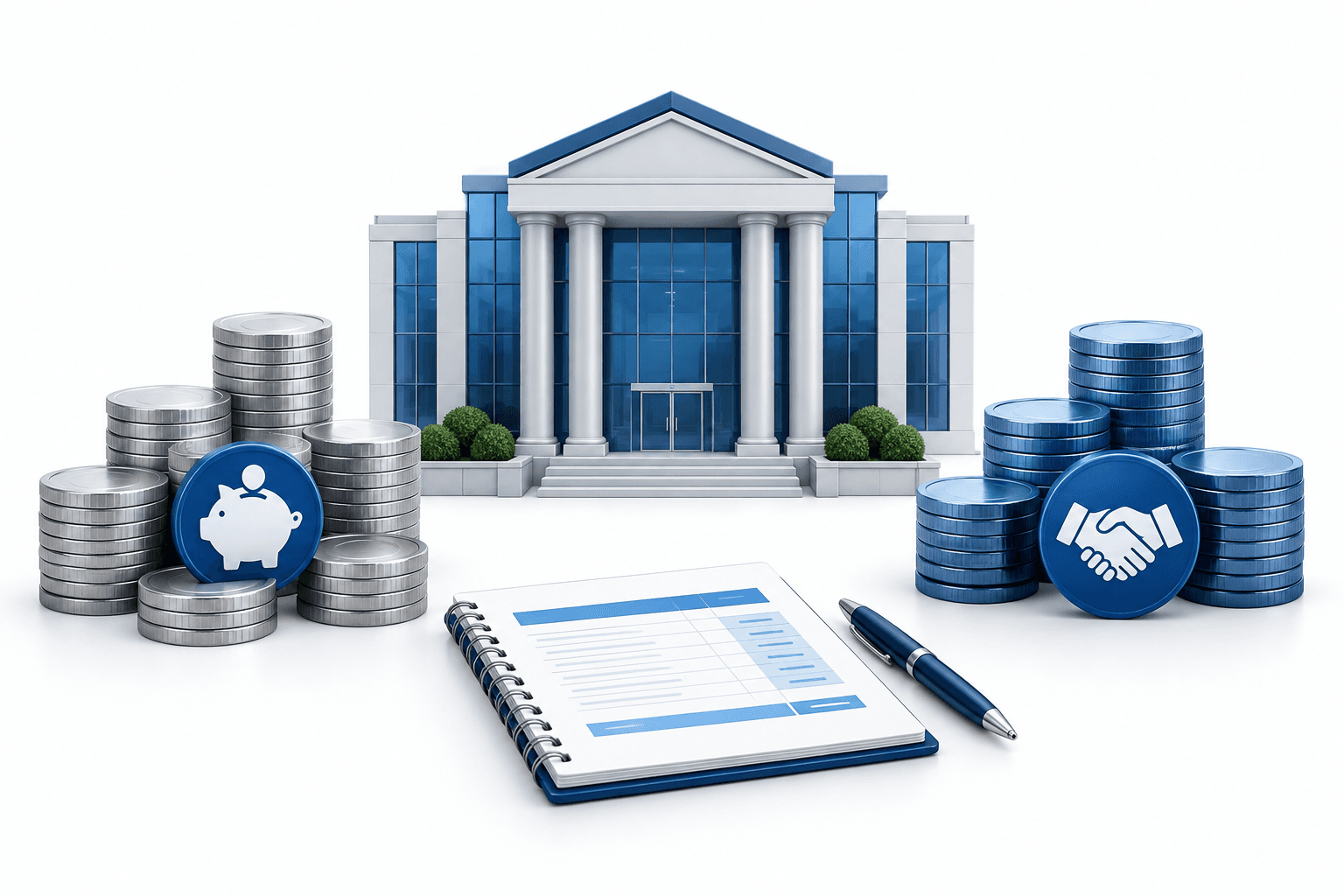HDFC Bank earnings concept illustration showing a bank building, coins and an accounting ledger.