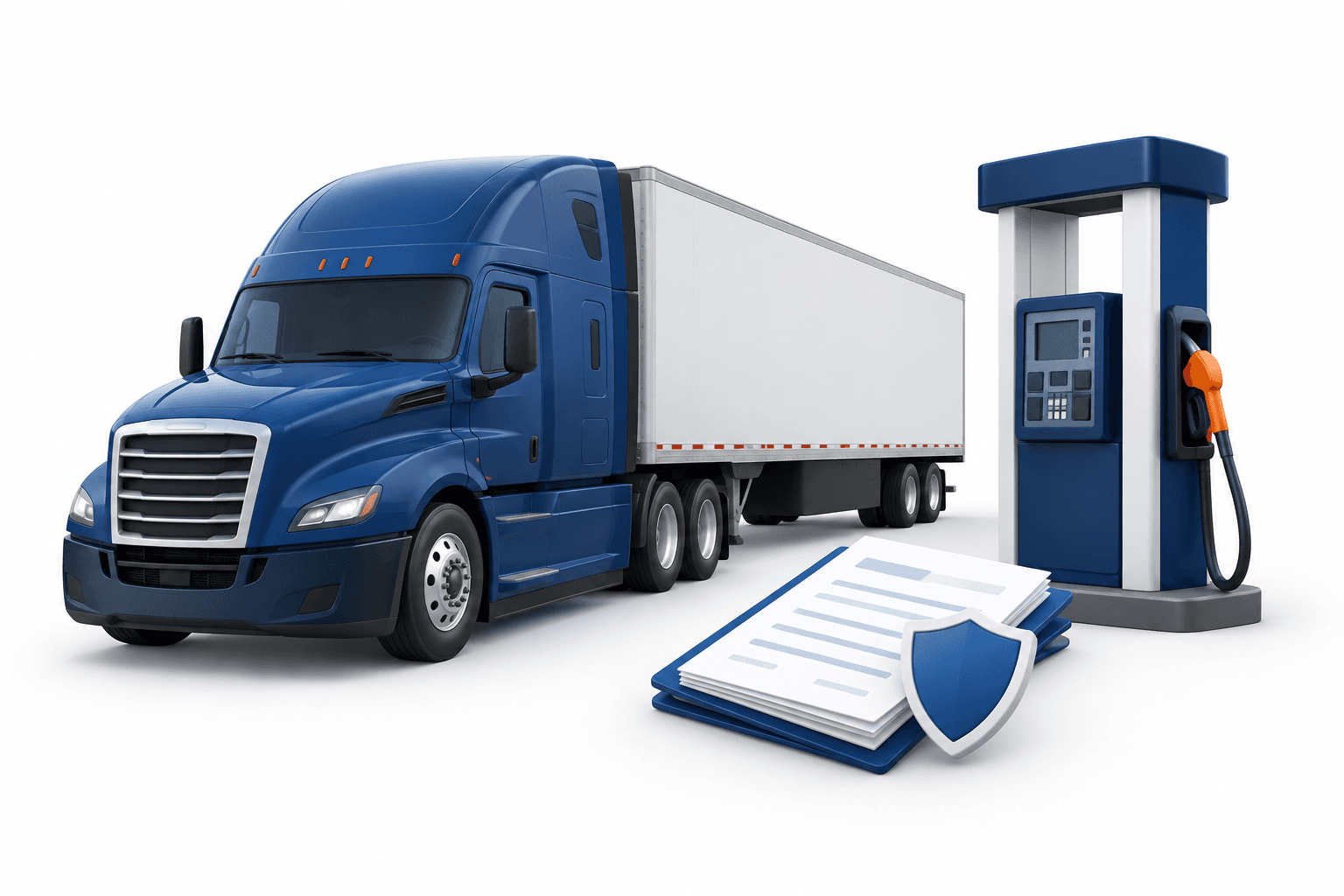 Illustration of a freight truck, fuel pump and insurance documents representing cost pressures as Werner shares decline.