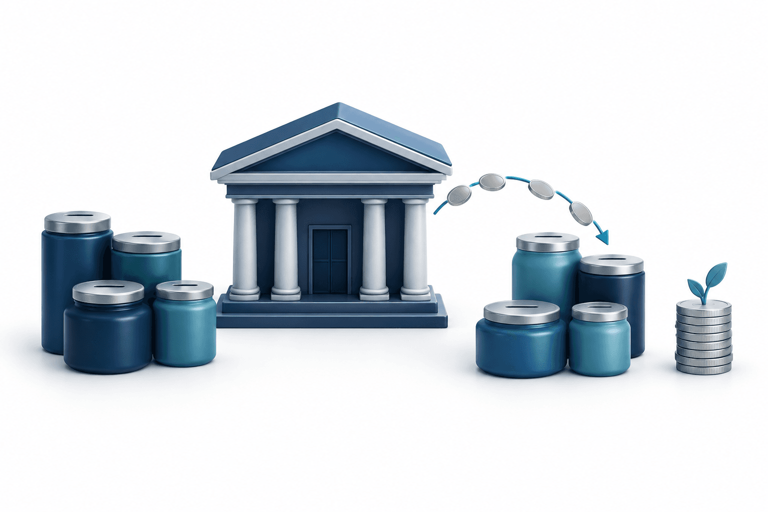 Concept illustration of Western Alliance deposits shifting between account groups beside a bank and a stack of coins.