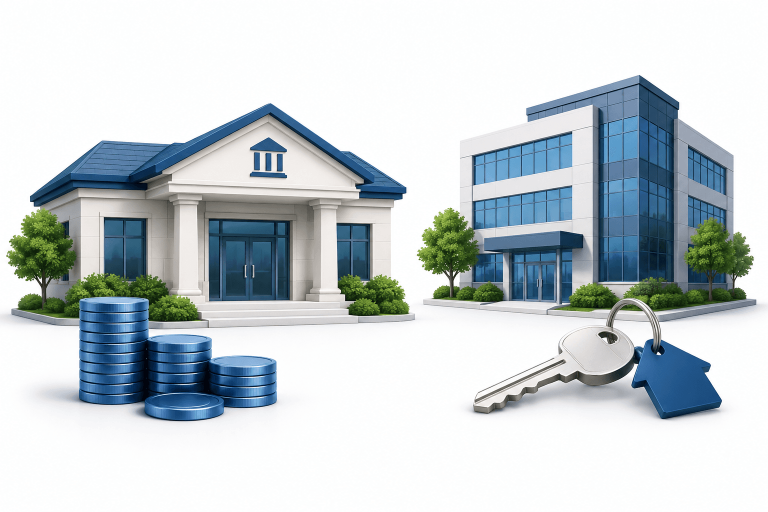 RBB earnings concept illustration showing a community bank, an office property and financial coins.