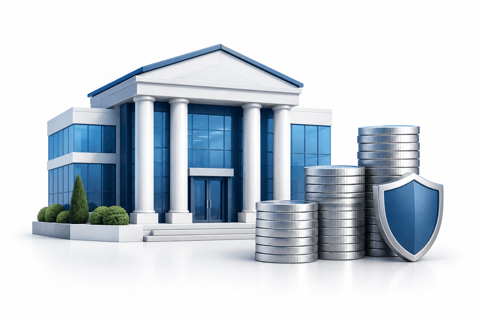 Western Alliance earnings concept illustration showing a commercial bank, coin stacks and a shield representing credit reserves.
