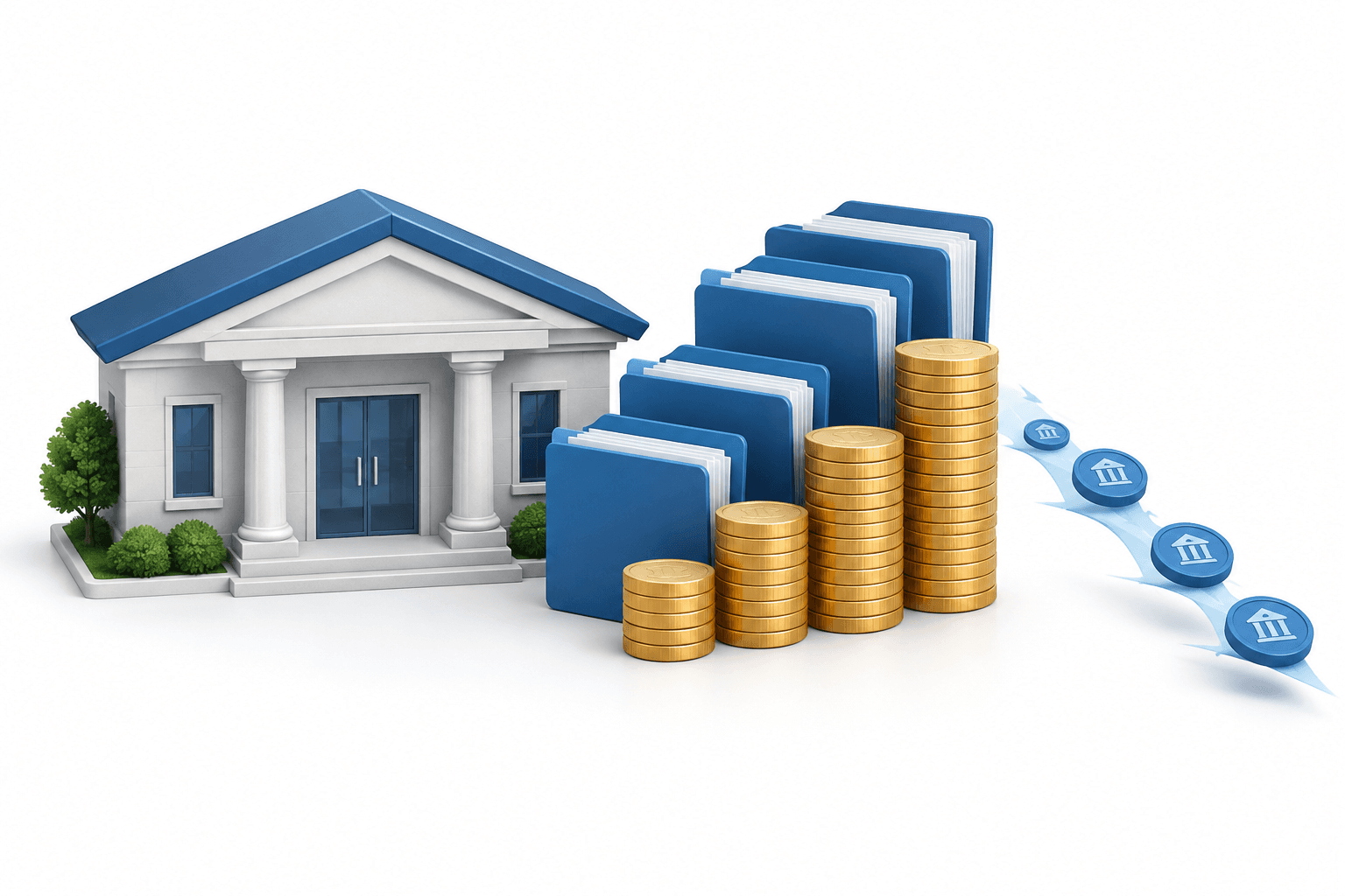 Concept illustration of a community bank, loan folders and deposit tokens representing CoastalSouth earnings and lending growth.