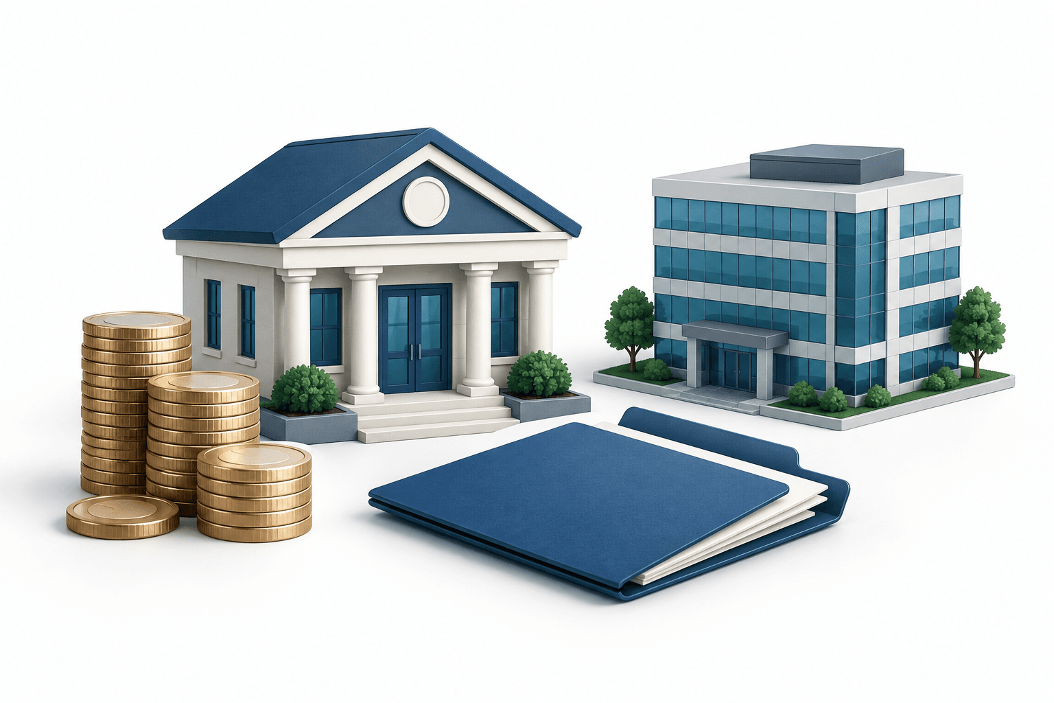 Concept illustration for RBB earnings showing a community bank, loan folder, coins and an office-building model.