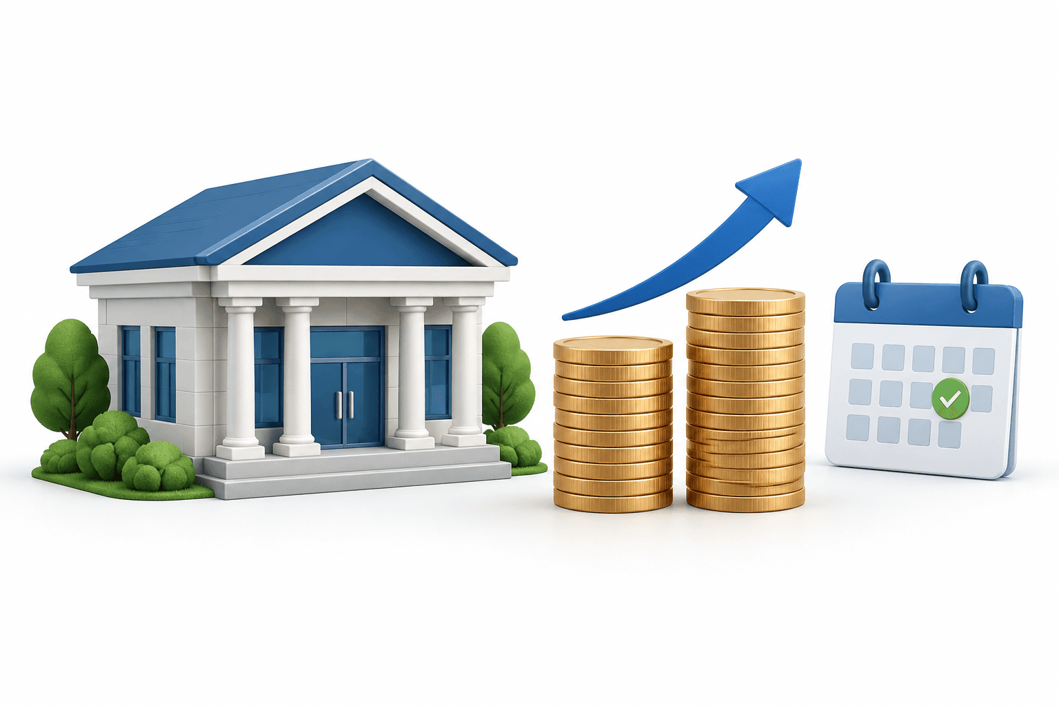 Concept illustration of a community bank and growing coin stacks representing the WCCB dividend increase.
