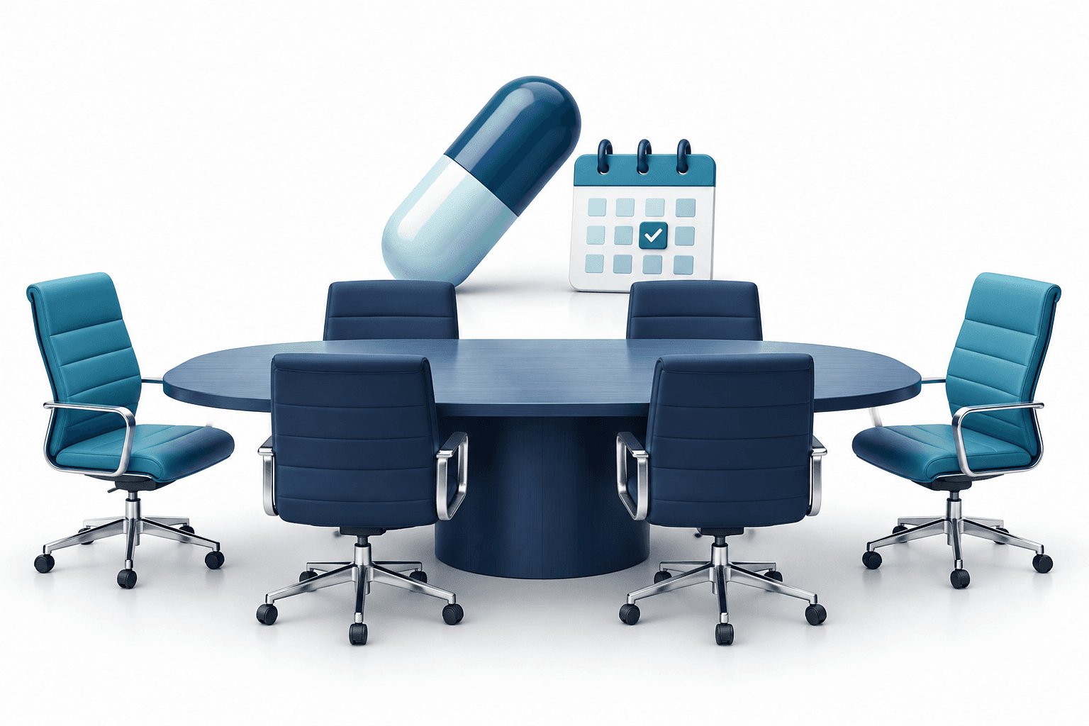 Concept illustration of Mineralys board expansion with two added chairs, a medicine capsule and a calendar symbol.
