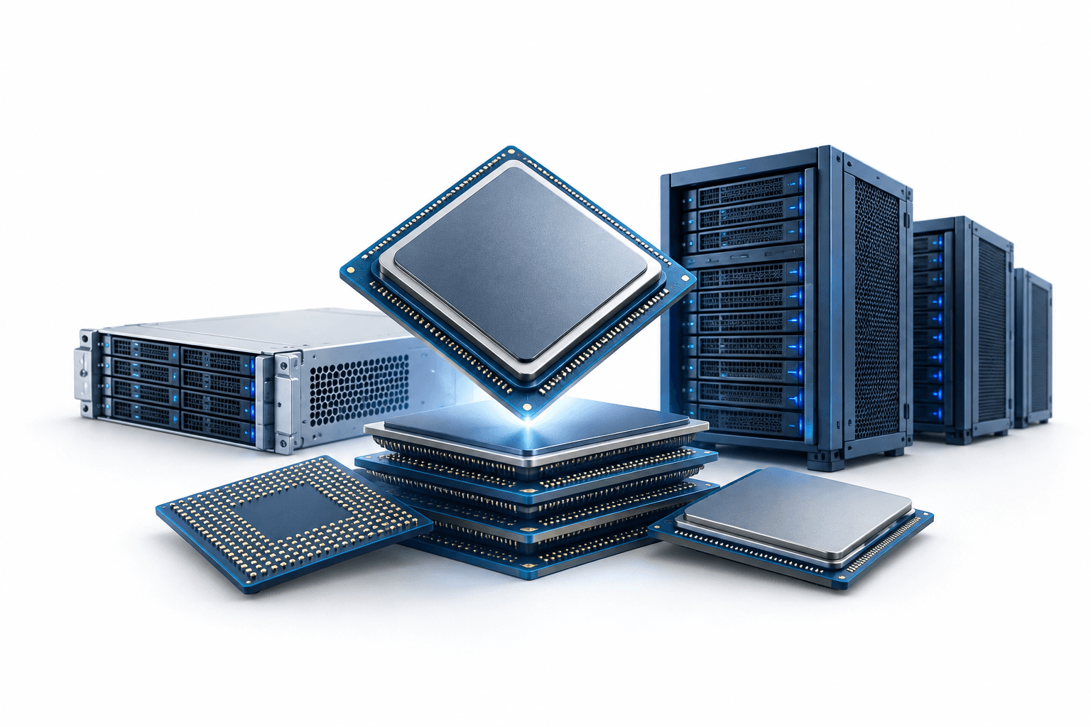 Concept illustration of semiconductor chips and data-center servers representing the Nasdaq rebound.