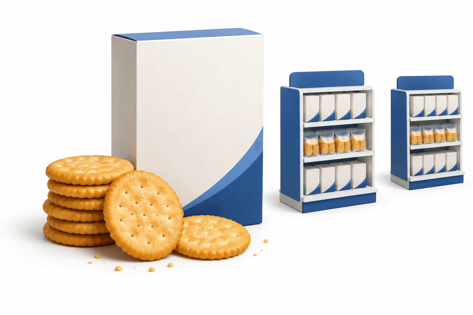 Gluten-free Ritz concept illustration showing golden crackers beside an unbranded snack box and simple retail shelves.