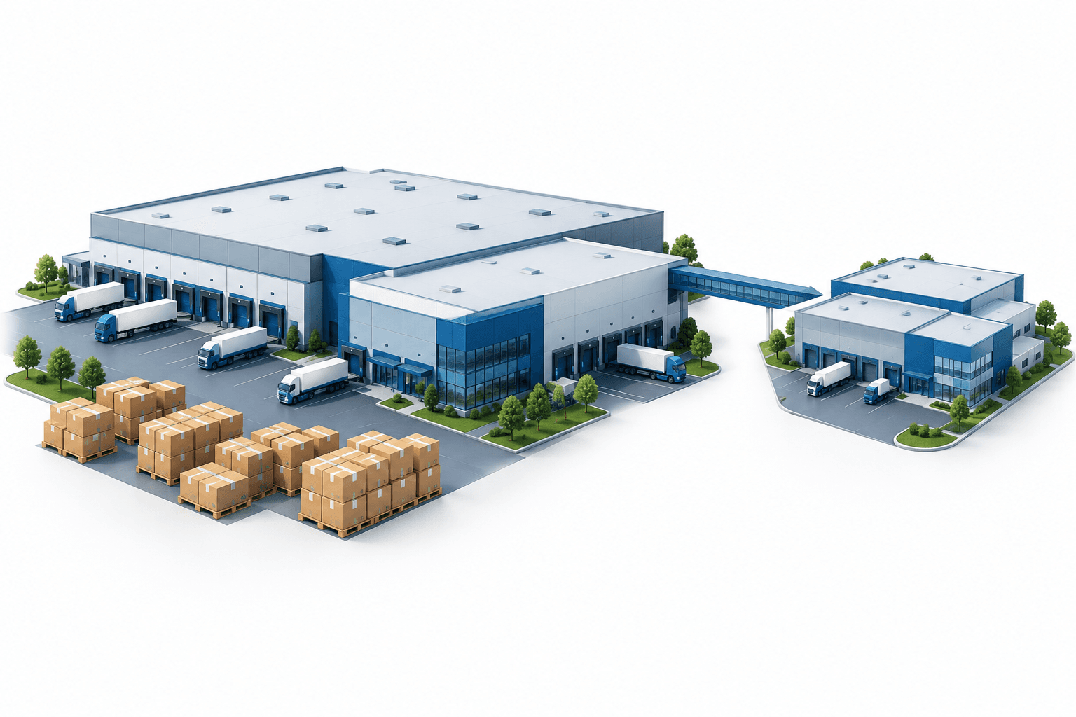 Prologis outlook illustration featuring logistics warehouses and a connected smaller property cluster.