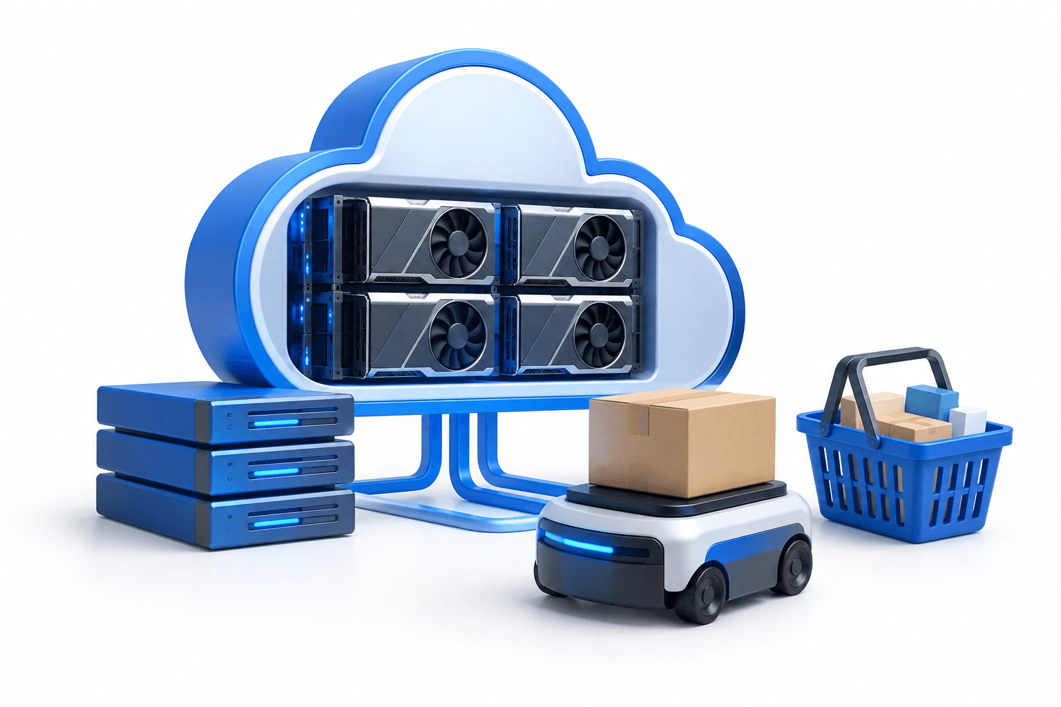 Concept illustration of cloud computing hardware and warehouse robotics representing the businesses behind the Amazon shares outlook.