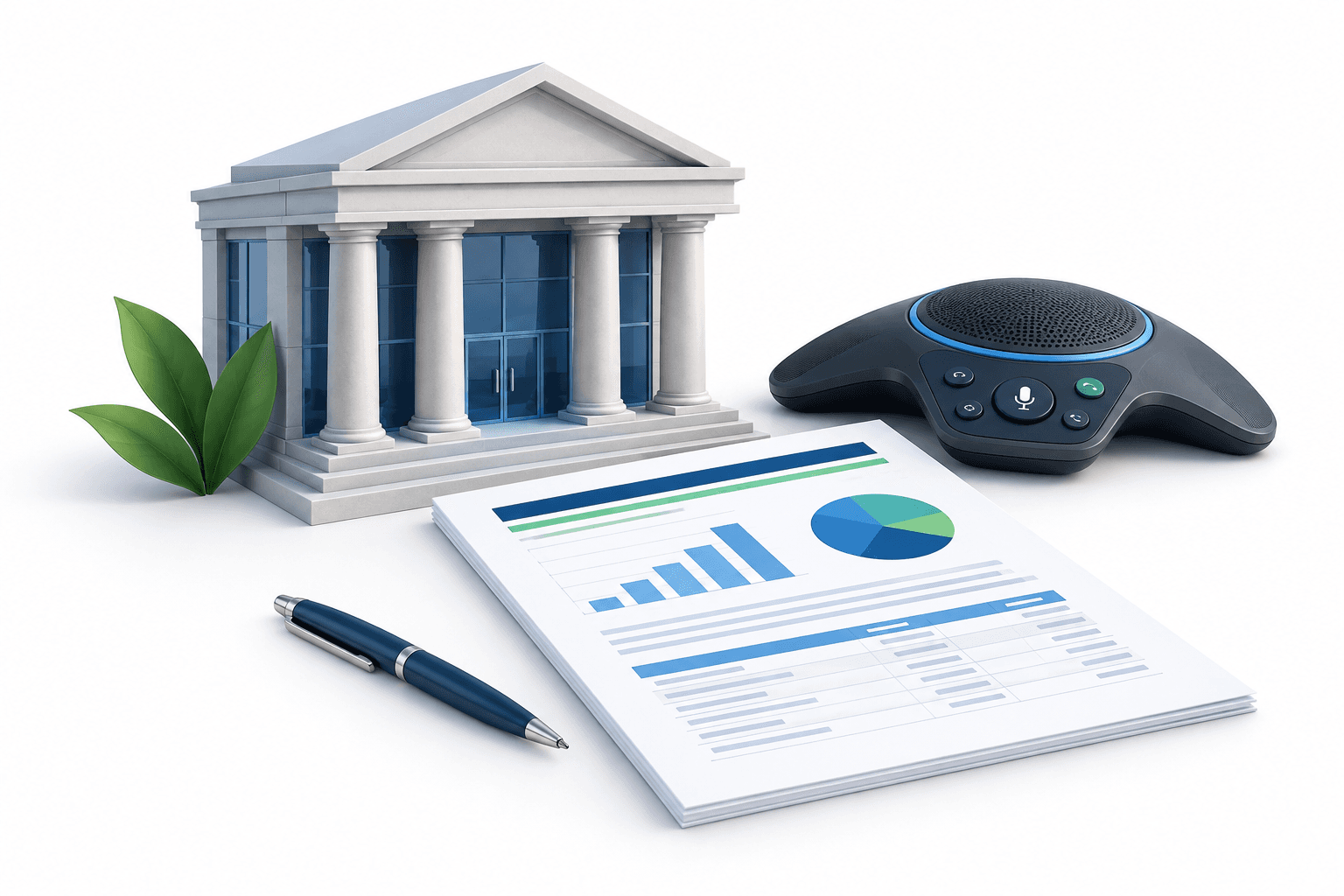 Illustration of a bank, financial document and speakerphone representing Fifth Third earnings.