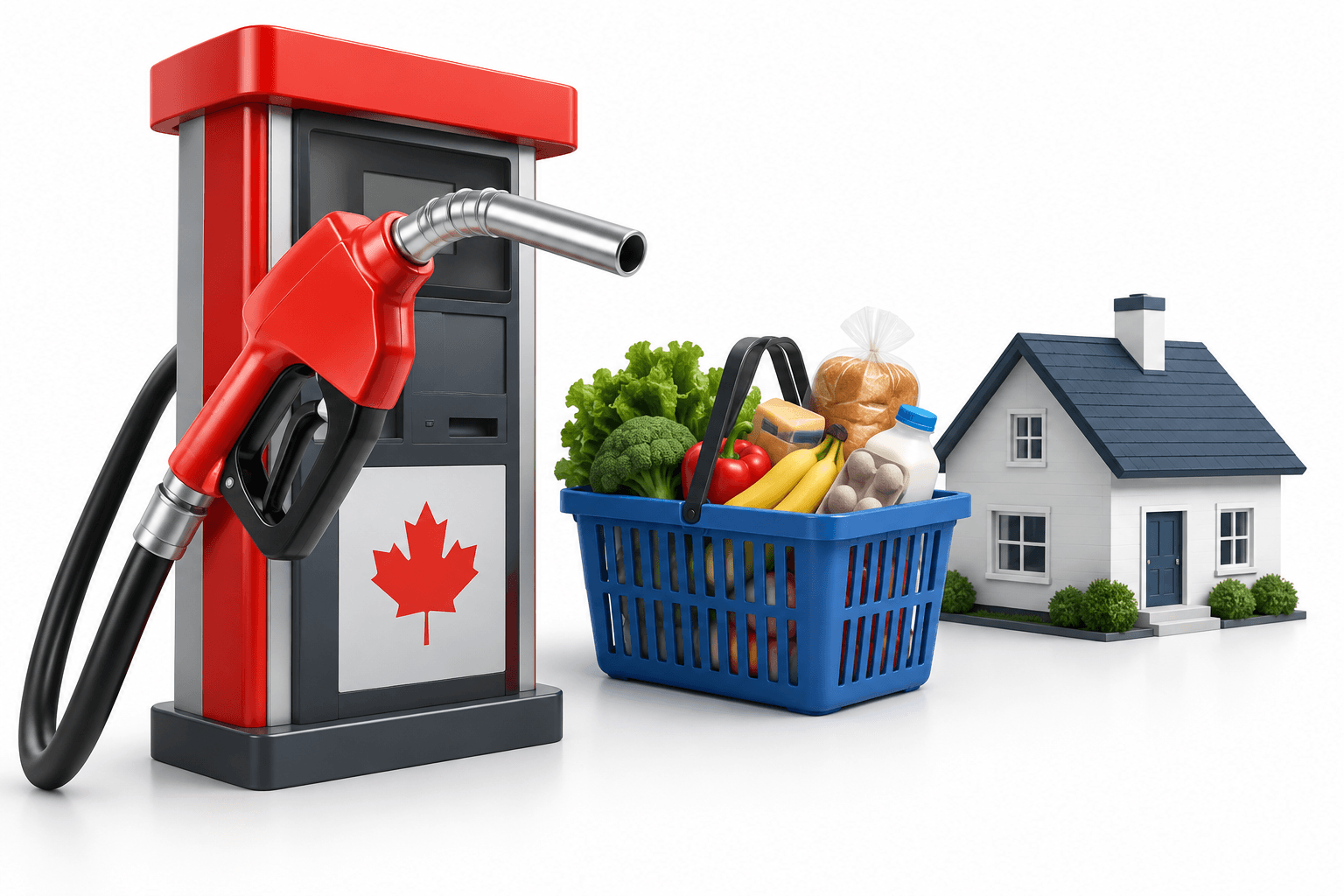 Concept illustration of Canada inflation showing a fuel pump, groceries and a house on a white background.