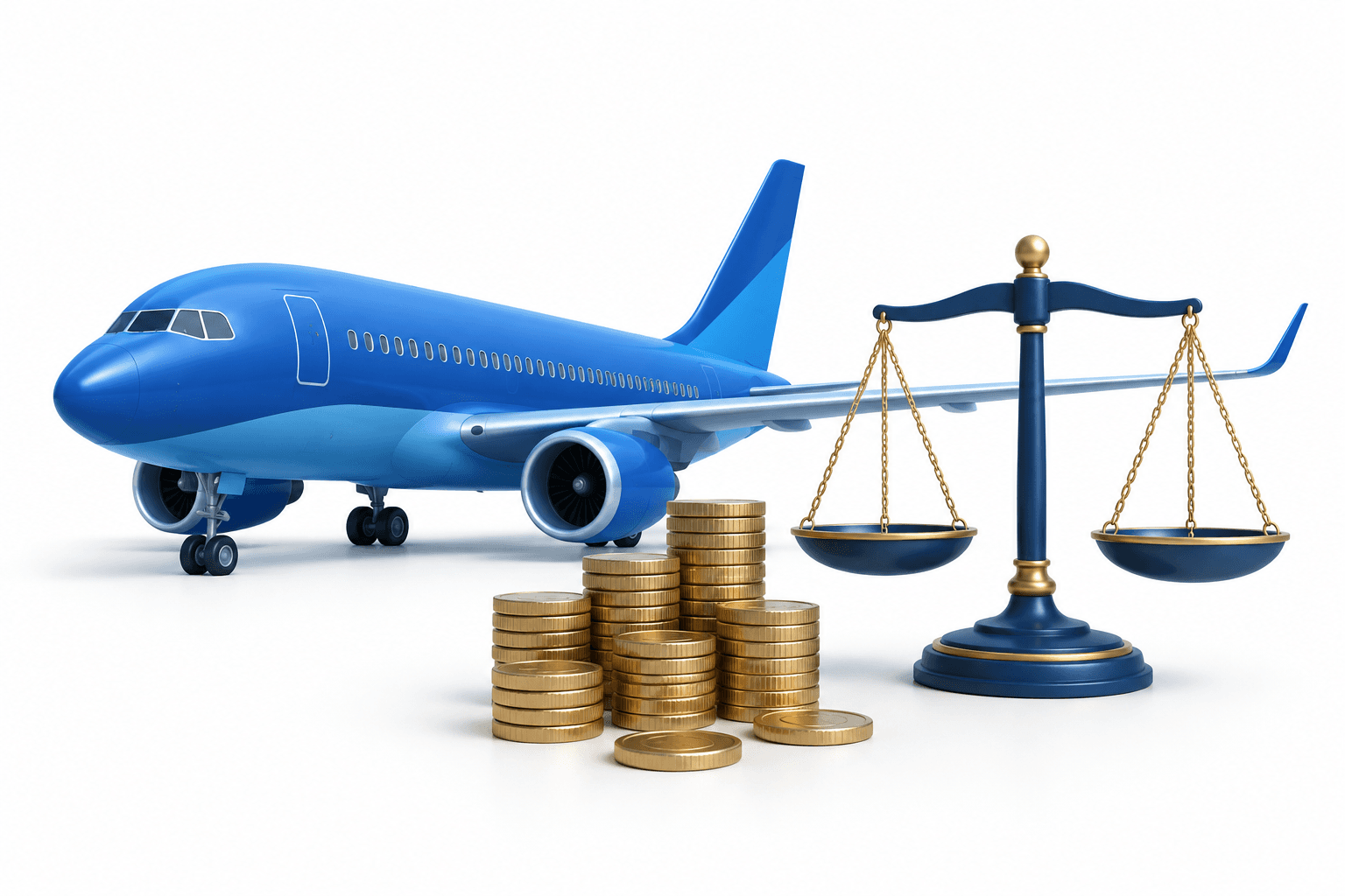 Concept illustration of an aircraft, cash reserves and balanced scales representing the JetBlue upgrade.